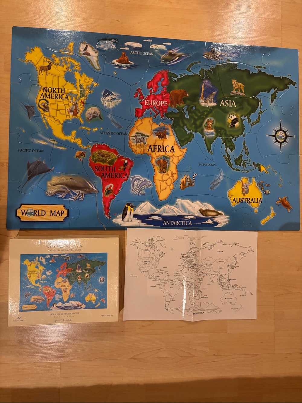 Vintage Pottery Barn Kids World Map Puzzle w Multicolored Continents, oceans